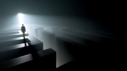 maze made of fog and light, with human shadow approaching the exit, visual metaphor for finding inner peace, fine art cinematic lighting, v7 