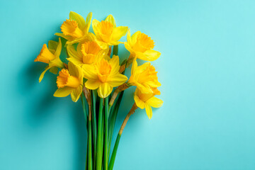 Vibrant bouquet of fresh yellow daffodil flowers with long green stems arranged against a bright blue background for springtime decoration and celebration