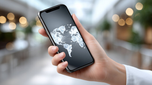 Hand holding a modern smartphone displaying a connected, digital world map on the screen, symbolizing global network, international business, worldwide communication