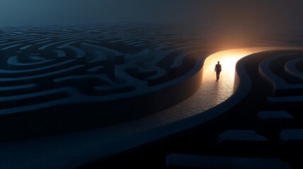 surreal winding path through dark maze leading to bright light, human silhouette walking toward clarity, symbolic mental healing concept, cinematic contrast lighting, v7 