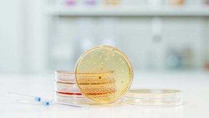 Petri dishes compact cluster laboratory on bench with pristine agar plates