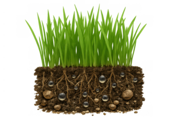 Green grass growing with visible roots and water droplets in a cross-section of soil, transparent background