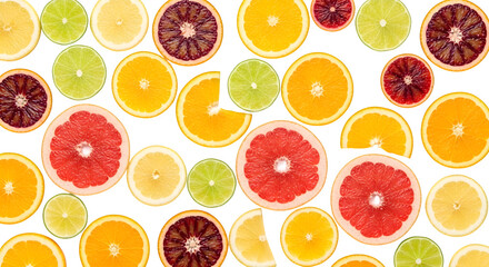 Colorful citrus fruit slices pattern on black background isolated on transparent background