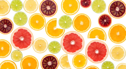 Colorful citrus fruit slices pattern on black background isolated on transparent background