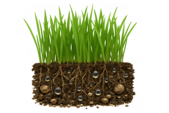 Green grass growing with visible roots and water droplets in a cross-section of soil, transparent background - Powered by Adobe