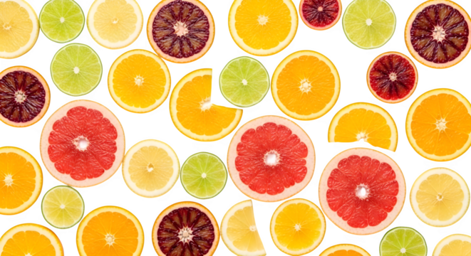 Colorful citrus fruit slices pattern on black background isolated on transparent background