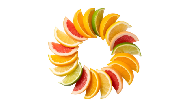Citrus fruit slices arranged in circle shape isolated on transparent background