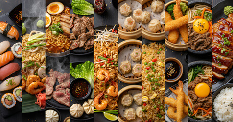 Vibrant collage of Japanese and Asian cuisine highlighting sushi, ramen, dim sum, pad thai, tempura, teriyaki and fried rice, showcasing diverse textures, bold flavors and rich culinary culture.