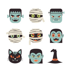 Whimsical Halloween Character Collection: A Playful Assortment of Cartoon Faces for Festive