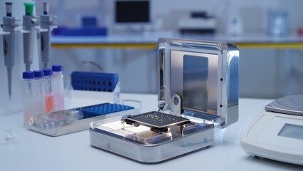 Compact nanoparticle analysis station on a lab bench with precise instrumentation.