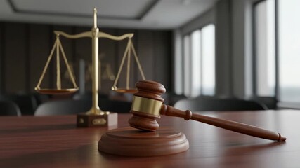 Legal gavel and scales of justice resting on a wooden desk in a courtroom or lawyer office, symbolizing the concepts of law, order, crime, judgment, and the judicial system - Powered by Adobe