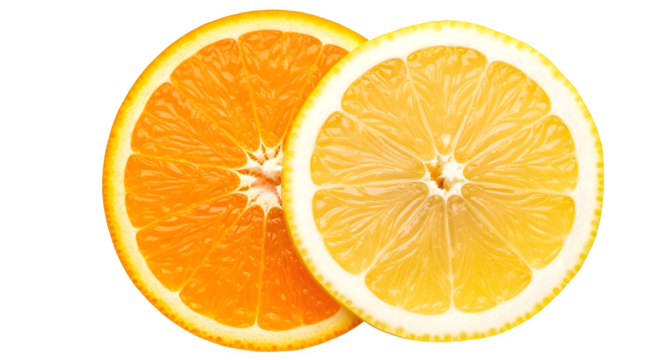 Two citrus fruit slices orange and lemon overlapping isolated on transparent background