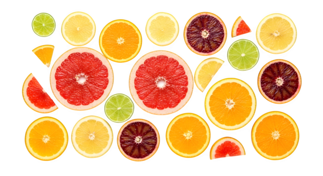 Assorted citrus fruit slices flat lay arrangement isolated on transparent background