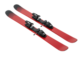 high-performance alpine carving skis with deep crimson to matte black gradient topsheets and silver bindings, displayed low-angle in a transparent studio. concept for premium ski equipment catalog