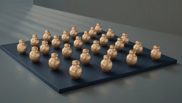 Multiple ornate wooden vases arranged in symmetrical grid on dark surface, minimalist interior decor concept