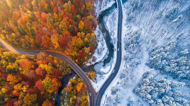 Seasons Change: Aerial View of Autumn Forest Meeting Snowy Winter Landscape