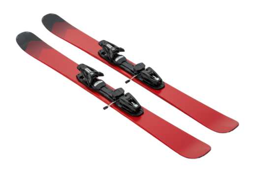 high-performance alpine carving skis with deep crimson to matte black gradient topsheets and silver bindings, displayed low-angle in a transparent studio. concept for premium ski equipment catalog