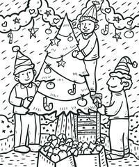 Three people decorate christmas tree doodle sketch illustration
