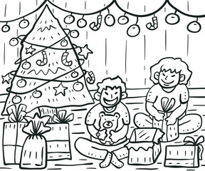 People celebrate Christmas Day doodle sketch illustration