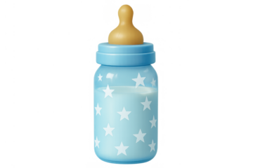 Light blue baby bottle filled with milk, featuring a star pattern, a brown pacifier nipple on top, and a transparent background