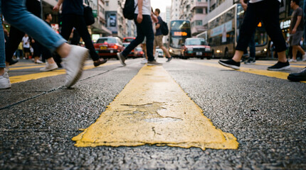 Busy City Life: Pedestrians Crossing Road on Yellow Street Line