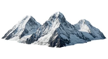 photorealistic panoramic shot of three colossal, snow-capped peaks of dark granite, side-lit for texture, floating on transparent background, concept of monumental achievement