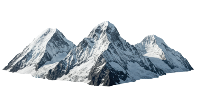 photorealistic panoramic shot of three colossal, snow-capped peaks of dark granite, side-lit for texture, floating on transparent background, concept of monumental achievement