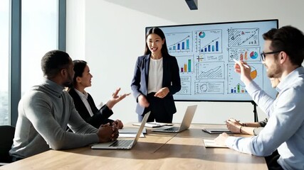 Young asian business coach presenting financial data on a large digital screen to a diverse team of colleagues, engaging in a productive discussion and answering questions in a modern office - Powered by Adobe