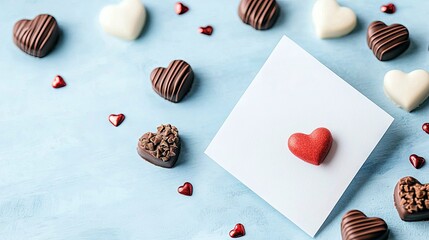 A collection of assorted heart-shaped chocolates, including dark chocolate with stripes, white chocolate, and dark chocolate with chips, are scattered across a