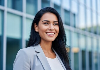 Smiling young professional woman in a light gray blazer outside modern office building