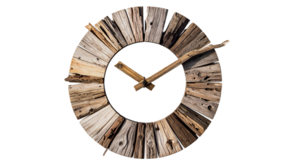 Minimalist Clock Face Cut Out Formed by Sun-Bleached Driftwood Pieces, Isolated Icon for Natural Time and Aging