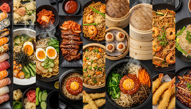 Mouthwatering variety of sushi rolls, ramen bowls, dumplings, stir fry noodles and crispy tempura captures the warmth, spice and craftsmanship of Asian comfort food in one frame. - Powered by Adobe