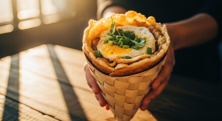 Close up of a gourmet crepe cone with fried egg and garnish
