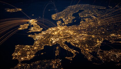 Artistic nighttime image showing Europe covered in golden city lights and dynamic fiber-optic trails representing high-speed internet, data transfer, and innovation across nations.