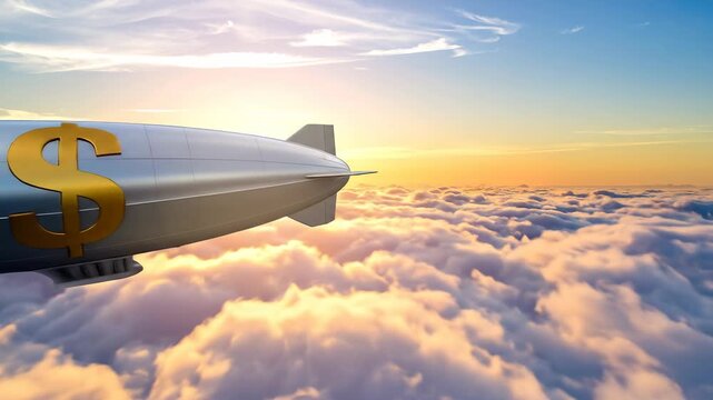 Giant Silver Airship Flying Above Clouds During Golden Sunset.