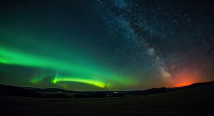 A magical panoramic view of the vibrant green Aurora Borealis dancing in a starry sky alongside the Milky Way galaxy over a serene, dark rural landscape
