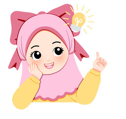 Smiling Muslim Girl with a Bright Idea Cartoon Illustration with Lightbulb Icon