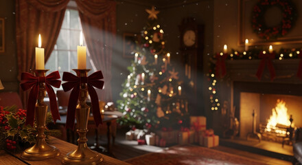 Warm candlelight, decorated Christmas tree, polished brass, cozy Dickensian holiday room
