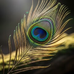 Obraz premium Close-up of a Peacock Feather with Intricate Details and Vibrant Colors.