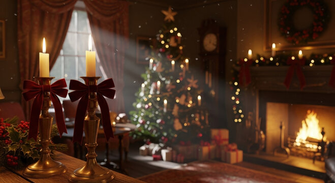 Warm candlelight, decorated Christmas tree, polished brass, cozy Dickensian holiday room - Powered by Adobe