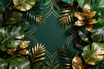 Fototapeta premium Luxury botanical background with green and gold tropical leaves, elegant decorative pattern