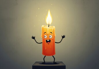 Joyful cartoon candle character with a bright flame and expressive face