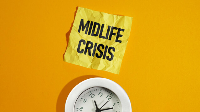 Midlife Crisis Concept with Clock and Stress Symptoms Reminder. Time Pressure and Emotional Crisis