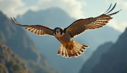 Fototapeta premium Peregrine falcon in mid-air flight with outstretched wings against a blue sky and mountainous landscape. Bird of prey flies with intense gaze and sharp talons. Wings spread wide in a powerful motion.