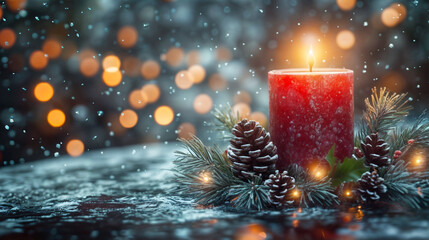 A bright red candle is adorned with pinecones and greenery, glowing warmly amid sparkling bokeh lights in a winter setting, standing on the right side of an empty table, close-up, front view