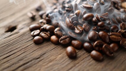 Coffee beans scatter across rustic wood as steam curls above a rich aromatic scene.