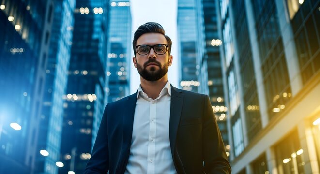 Confident businessman wearing glasses standing in modern financial district at night, professional corporate leader in urban city environment, business success and career confidence concept - Powered by Adobe