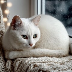 Obraz premium White cat resting by a cozy window.