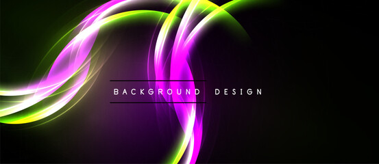 Abstract vibrant waves, flowing curves. Dark background highlights neon colors, creating dynamic visual effect. Modern design element.