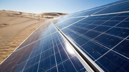 Solar panels in a desert diagonally aligned for maximum sun exposure to sunlight